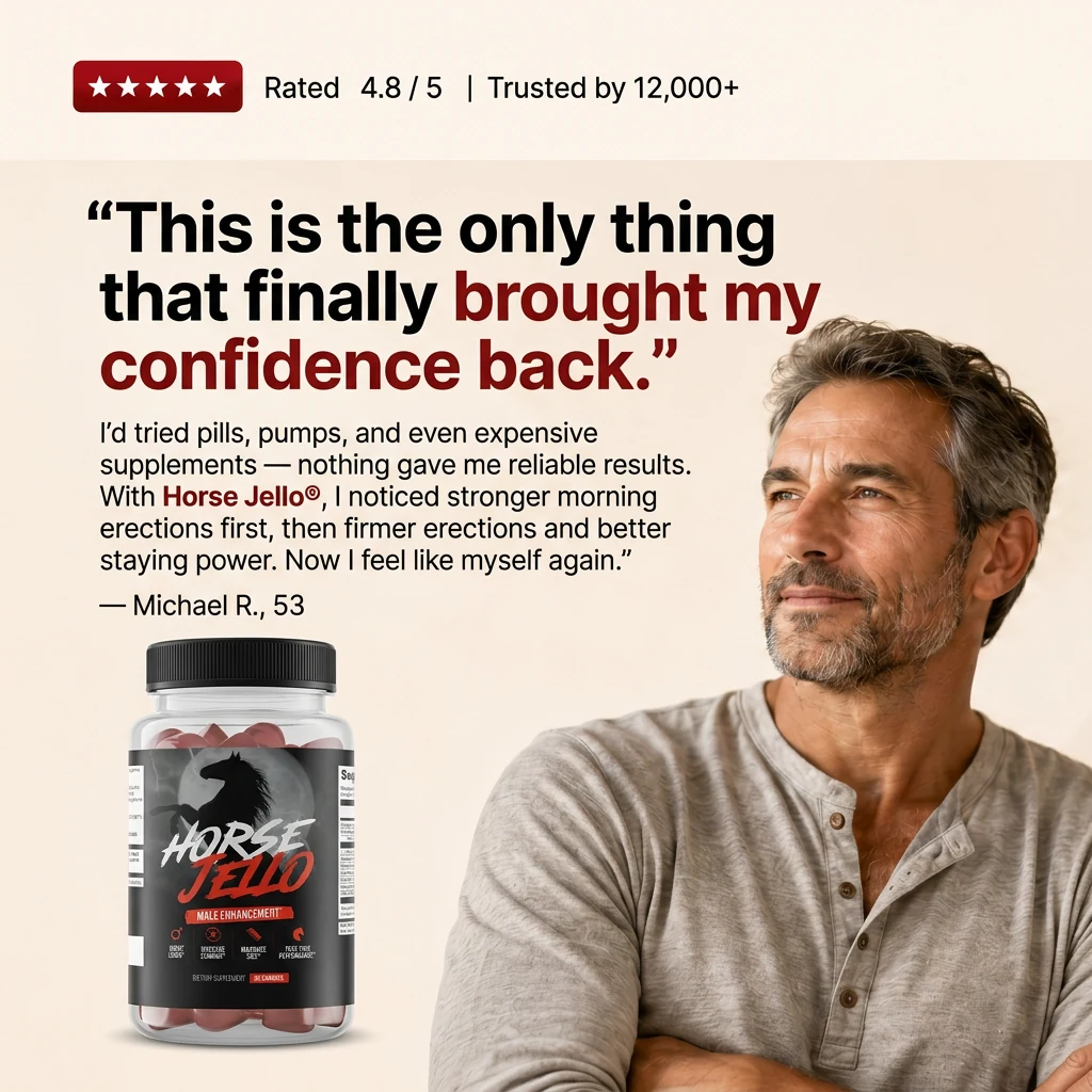 Rated 4.8 out of 5, trusted by 12,000+. “This is the only thing that
                  finally brought my confidence back.” I’d tried pills, pumps, and even
                  expensive supplements — nothing gave me reliable results. With Horse
                  Jello, I noticed stronger morning erections first, then firmer erections and
                  better staying power. Now I feel like myself again. — Michael R., 53.